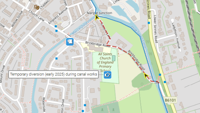 Map showing temporary diversion south of Marple Bridge
