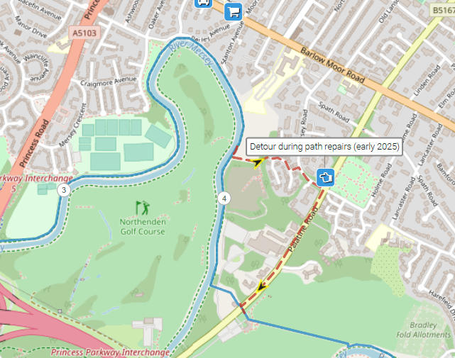 Map showing diversion to the south of West Didsbury due to flood damage