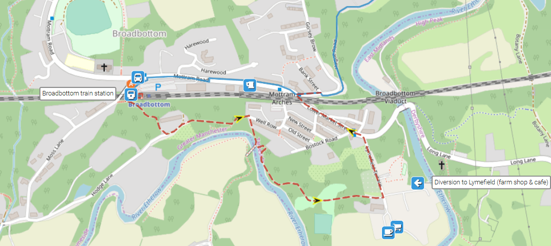 Map showing detour to Lymefield Garden Centre and cafe
