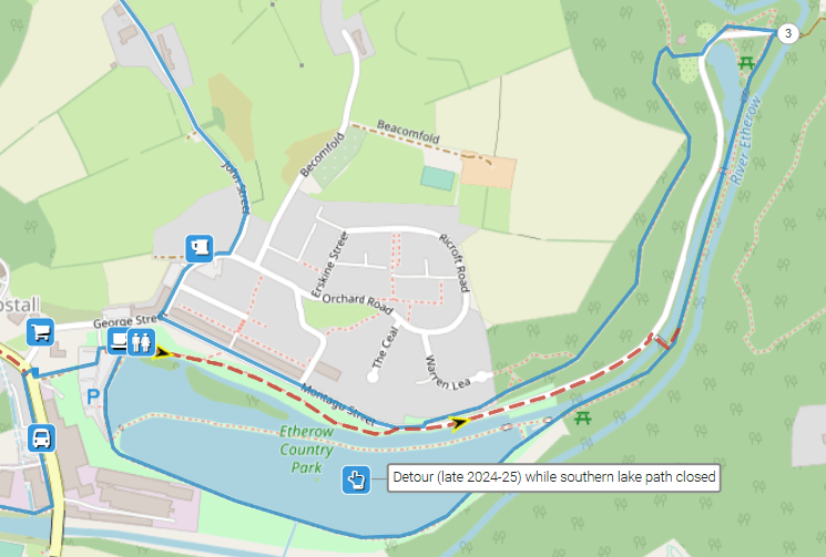 Map showing temporary diversion, to the north of the lake, in Etherow Country Park.